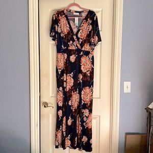 PLUS 1X Maxi Dress Navy and Orange Patterned
